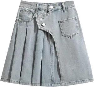 Woman Plus Size Denim A Line Skirt with Lining Pleated Midi Blue Color Skirts