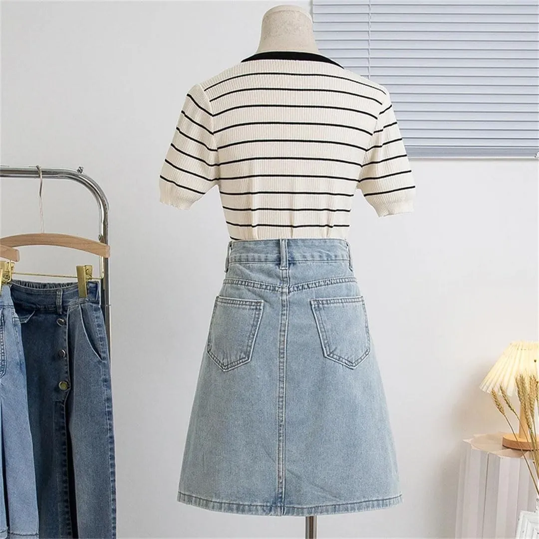 Woman Plus Size Denim A Line Skirt with Lining Pleated Midi Blue Color Skirts