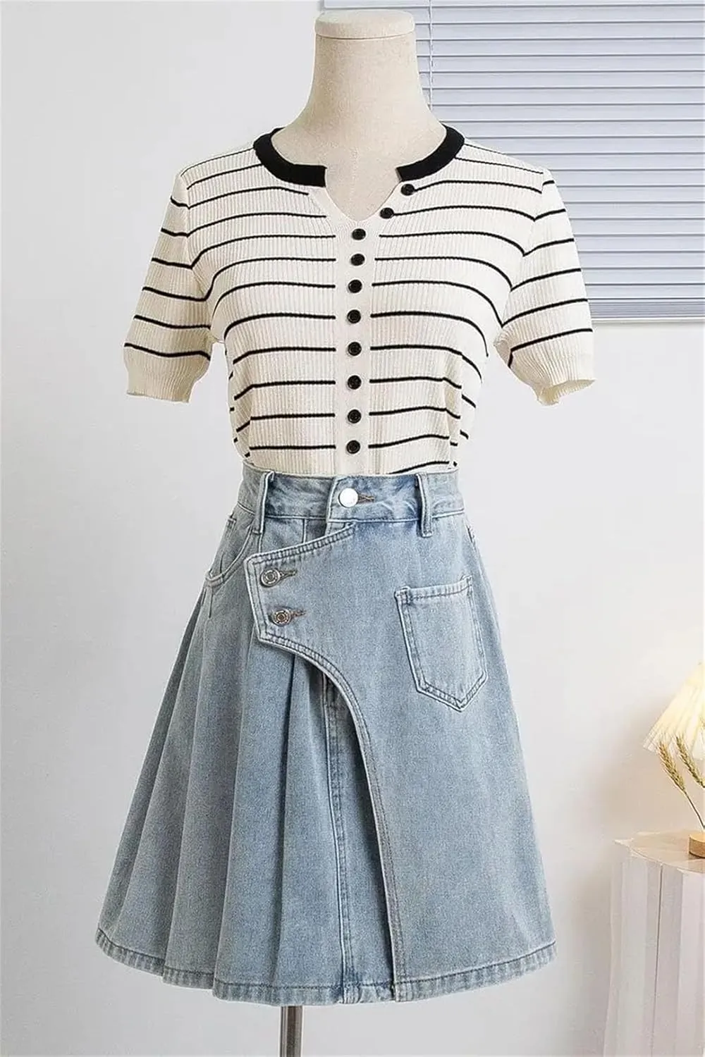 Woman Plus Size Denim A Line Skirt with Lining Pleated Midi Blue Color Skirts