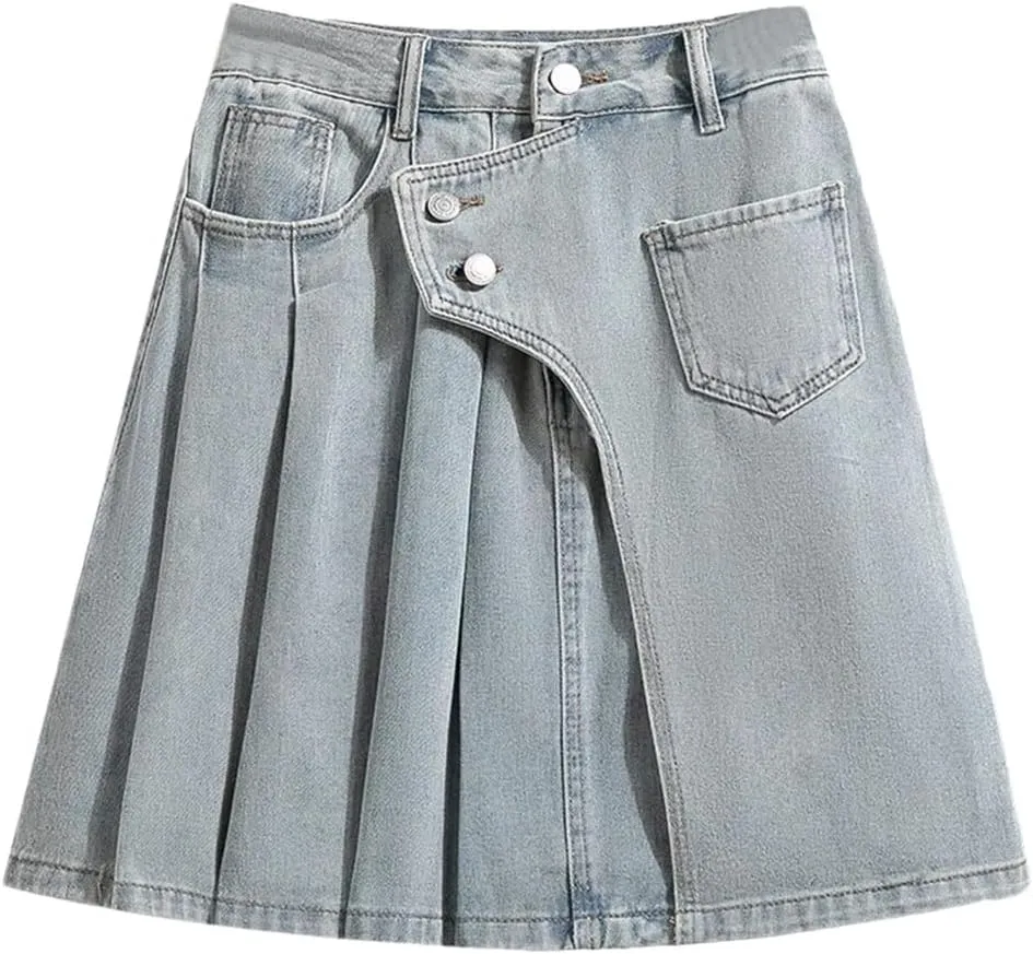 Woman Plus Size Denim A Line Skirt with Lining Pleated Midi Blue Color Skirts