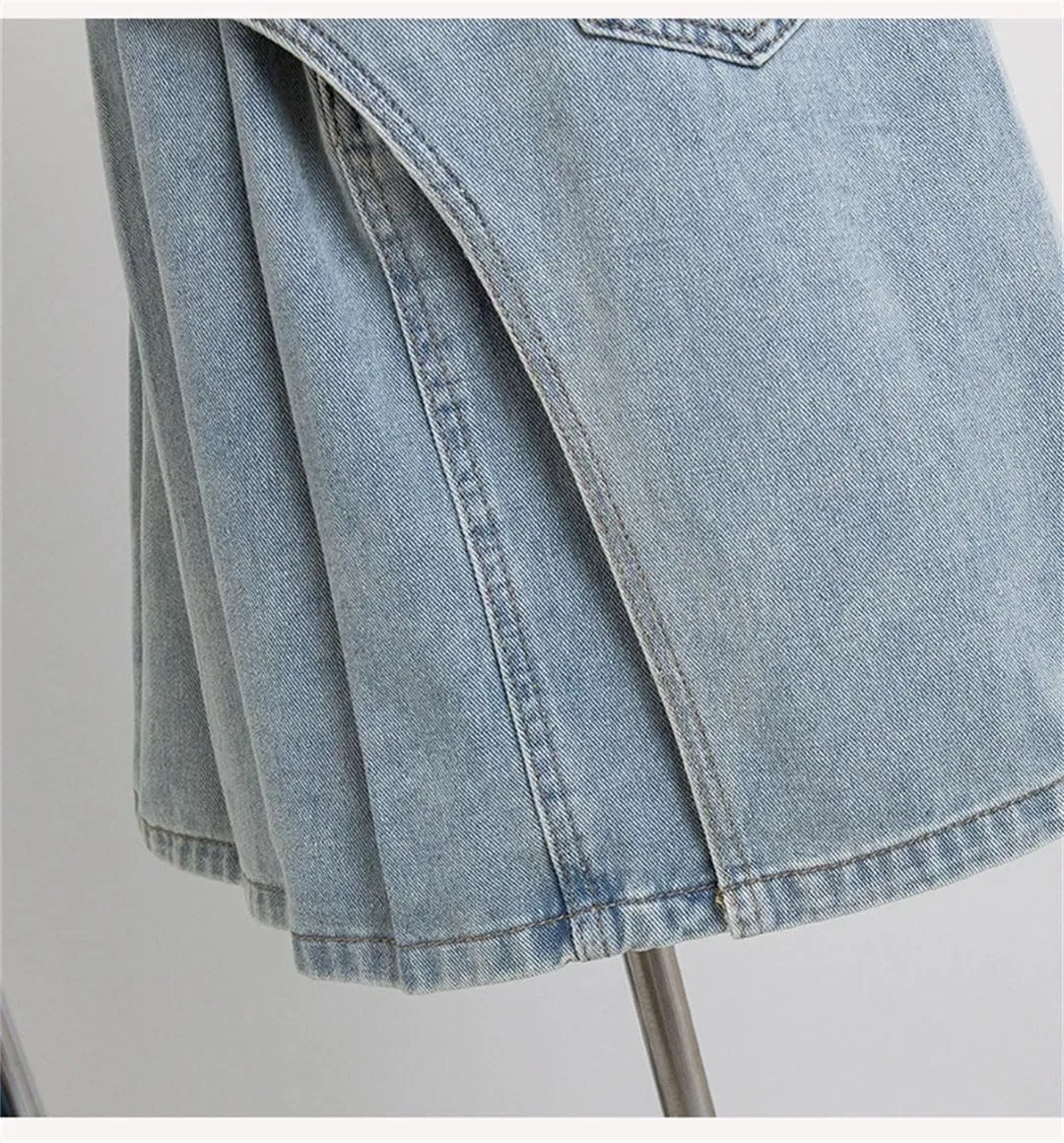 Woman Size Denim A Line Skirt with Lining Pleated Midi Jean Skirt Blue Color Skirts