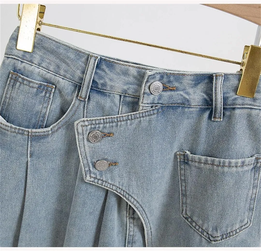 Woman Size Denim A Line Skirt with Lining Pleated Midi Jean Skirt Blue Color Skirts