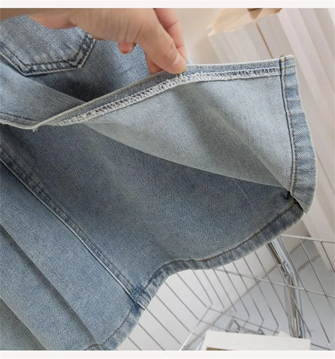 Woman Size Denim A Line Skirt with Lining Pleated Midi Jean Skirt Blue Color Skirts