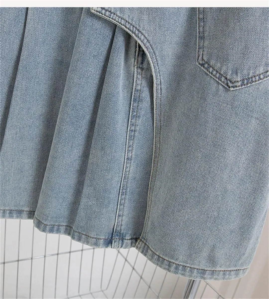 Woman Size Denim A Line Skirt with Lining Pleated Midi Jean Skirt Blue Color Skirts