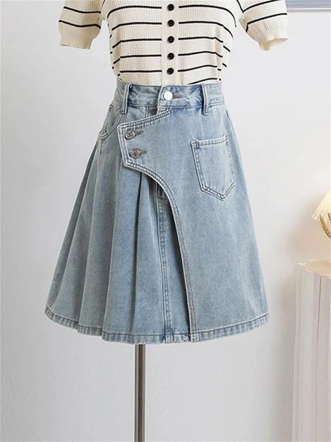 Woman Size Denim A Line Skirt with Lining Pleated Midi Jean Skirt Blue Color Skirts