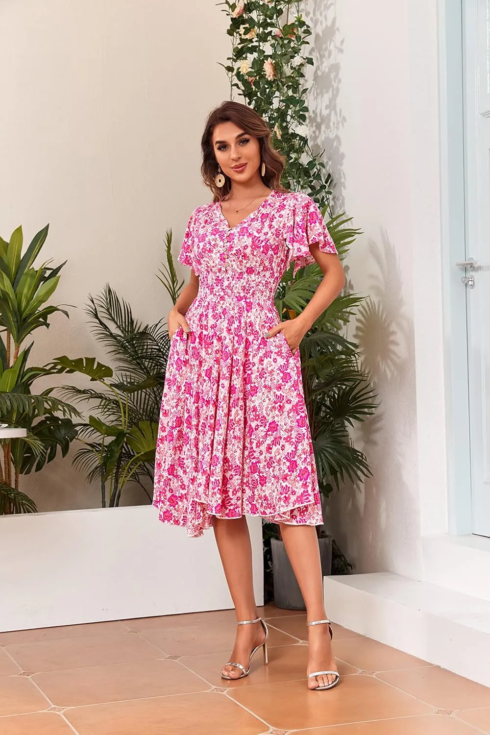 Woman's Floral V Neck Button Elastic Waist Dress with Pockets