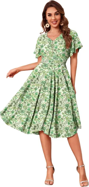 Woman's Floral V Neck Button Elastic Waist Dress with Pockets
