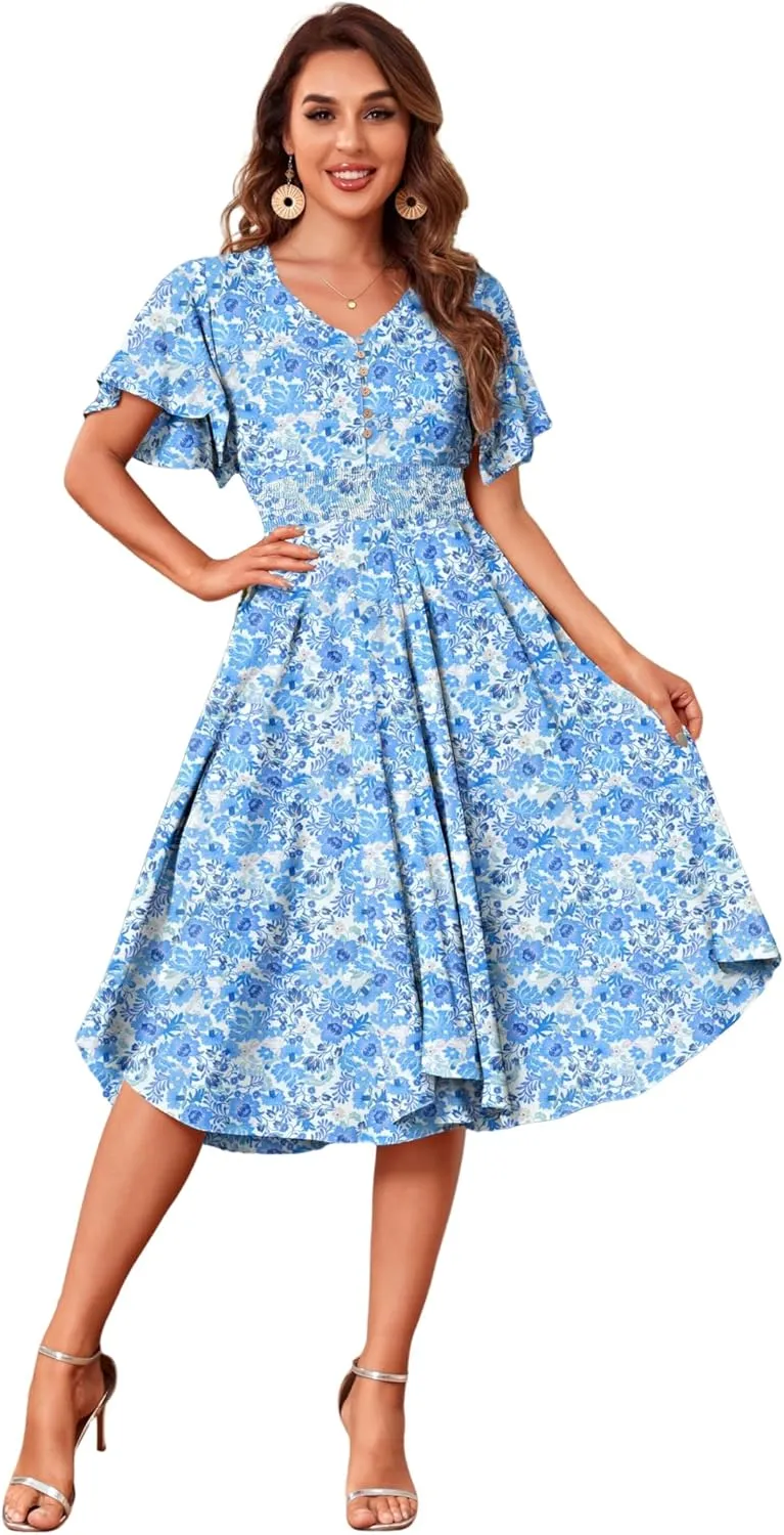 Woman's Floral V Neck Button Elastic Waist Dress with Pockets
