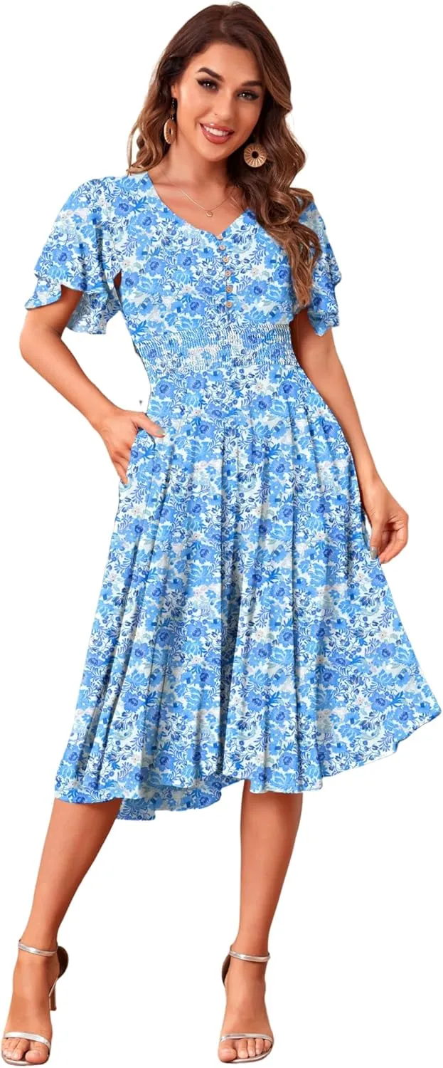 Woman's Floral V Neck Button Elastic Waist Dress with Pockets