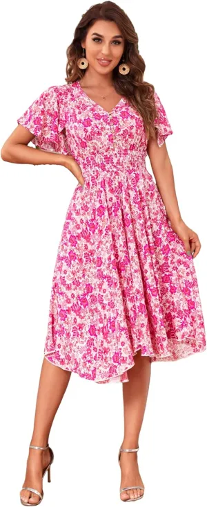 Woman's Floral V Neck Button Elastic Waist Dress with Pockets