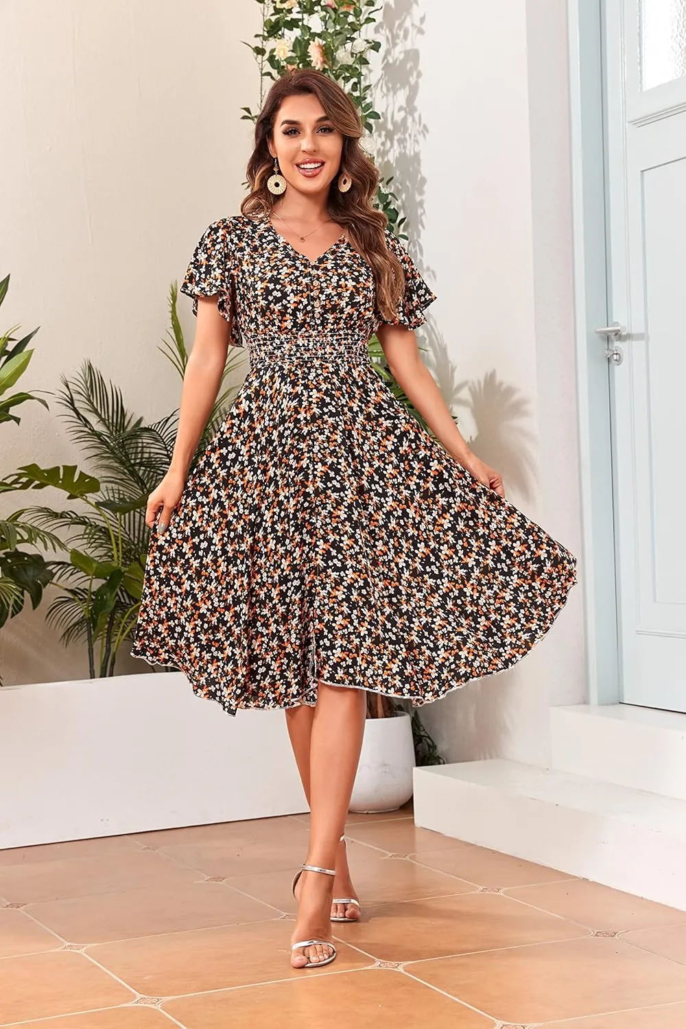 Woman's Floral V Neck Button Elastic Waist Dress with Pockets