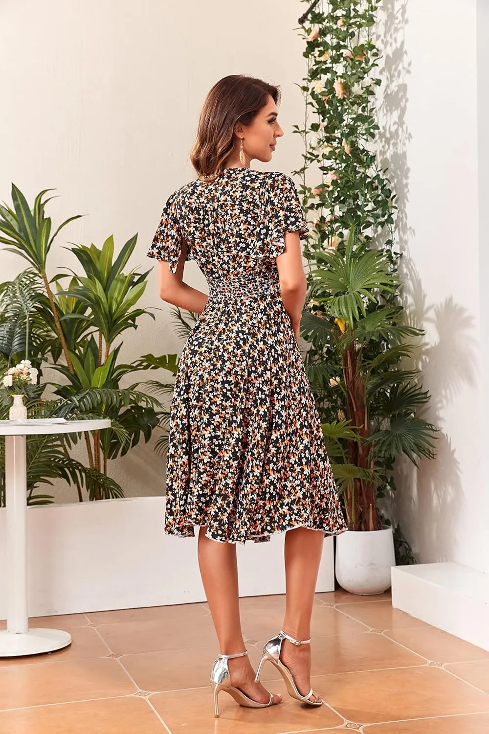 Woman's Floral V Neck Button Elastic Waist Dress with Pockets