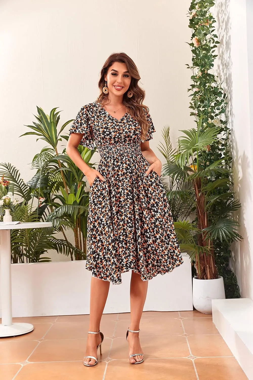 Woman's Floral V Neck Button Elastic Waist Dress with Pockets