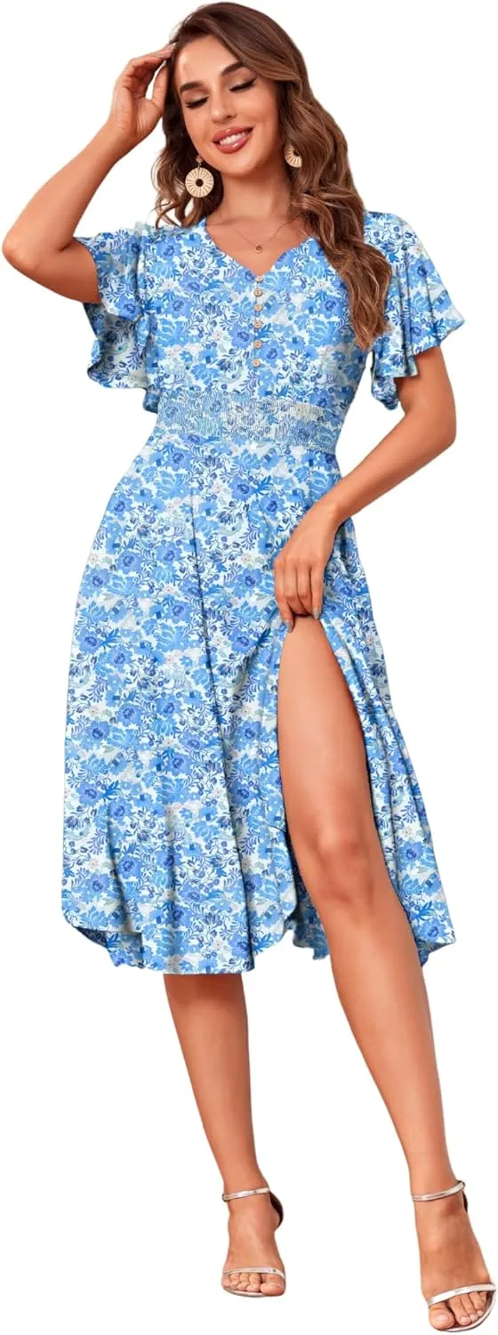 Woman's Floral V Neck Button Elastic Waist Dress with Pockets
