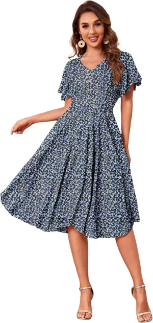Woman's Floral V Neck Button Elastic Waist Dress with Pockets