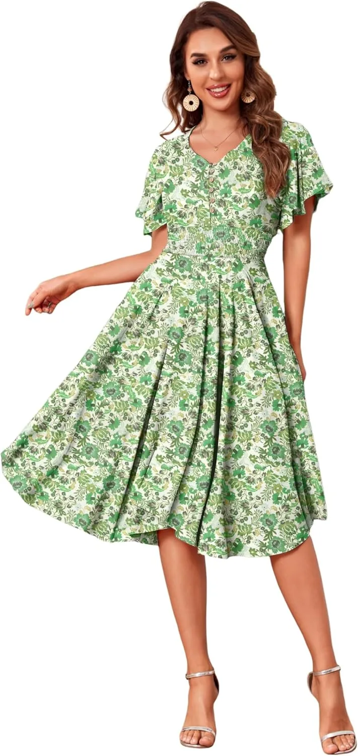Woman's Floral V Neck Button Elastic Waist Dress with Pockets