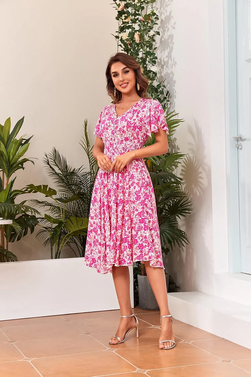 Woman's Floral V Neck Button Elastic Waist Dress with Pockets