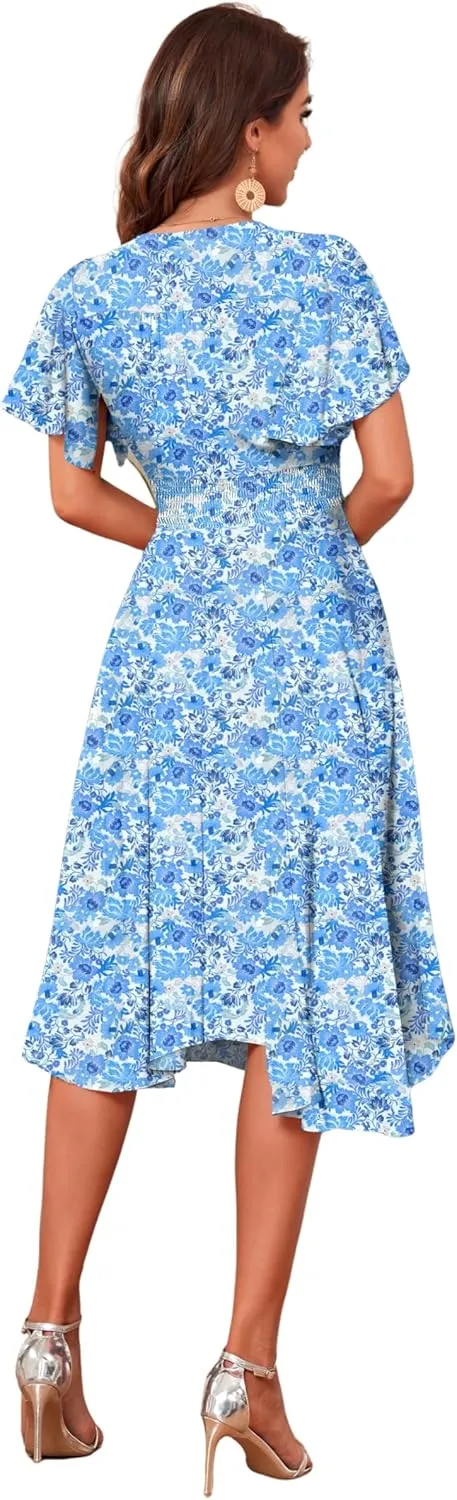 Woman's Floral V Neck Button Elastic Waist Dress with Pockets