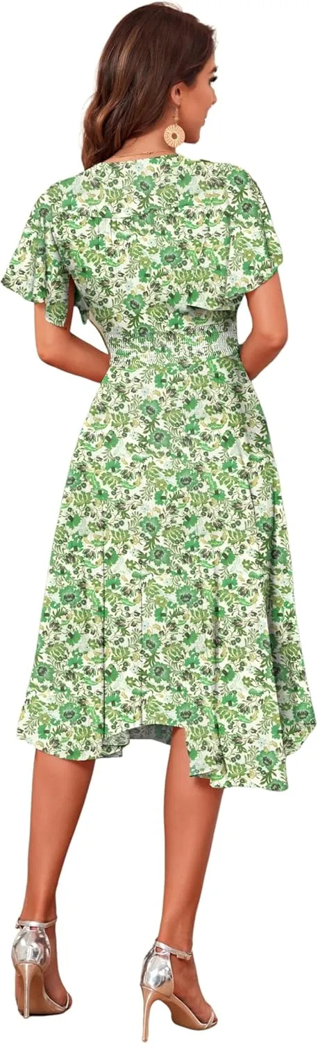 Woman's Floral V Neck Button Elastic Waist Dress with Pockets