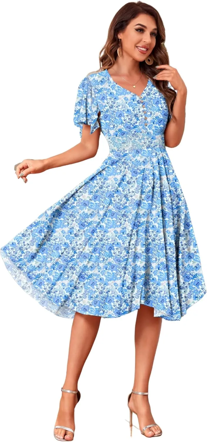 Woman's Floral V Neck Button Elastic Waist Dress with Pockets