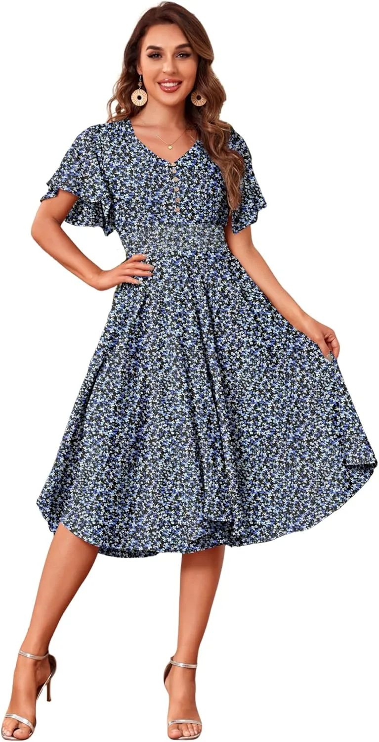 Woman's Floral V Neck Button Elastic Waist Dress with Pockets