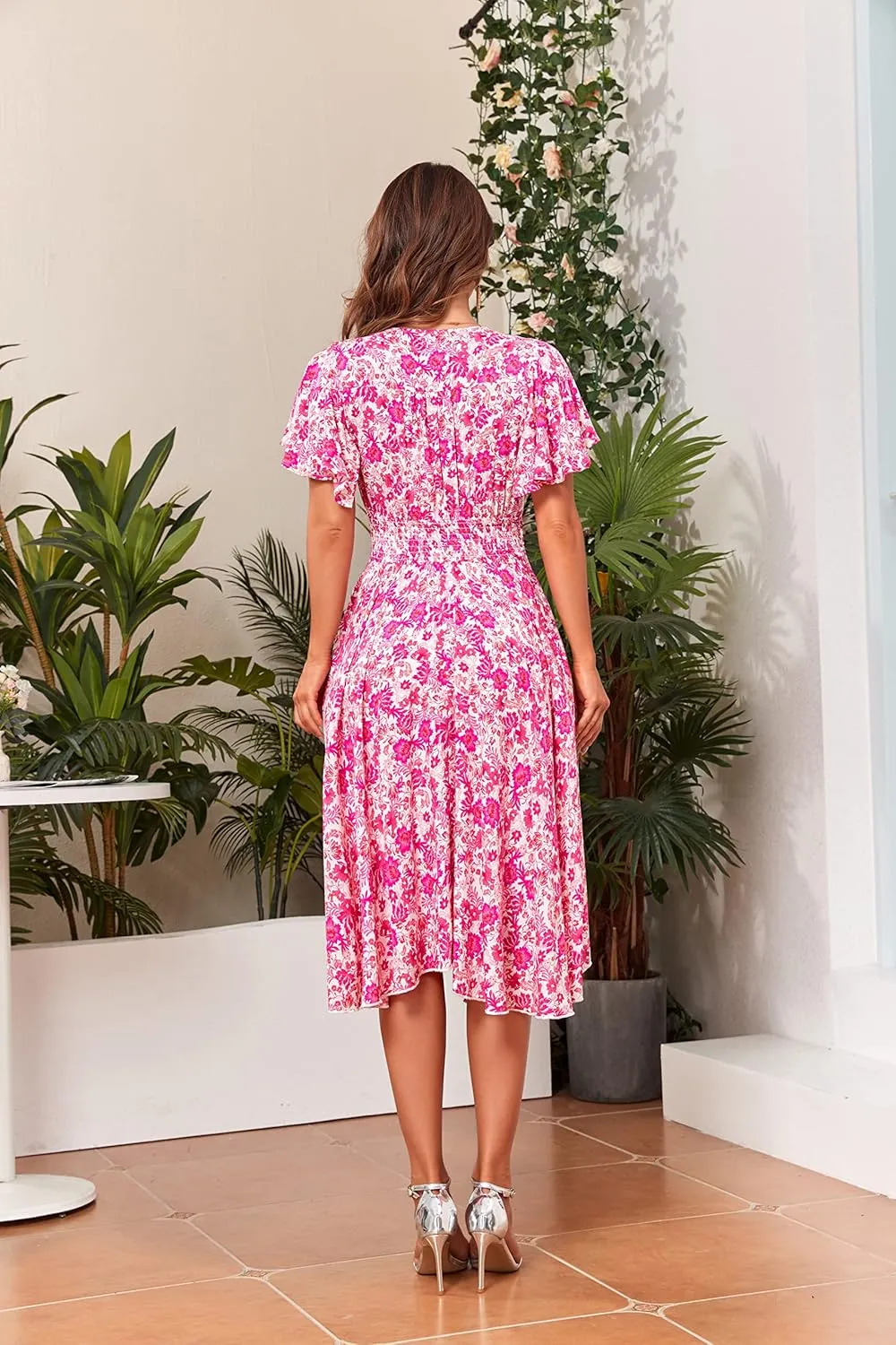 Woman's Floral V Neck Button Elastic Waist Dress with Pockets