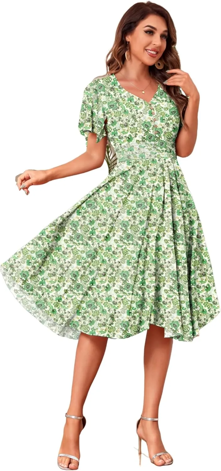 Woman's Floral V Neck Button Elastic Waist Dress with Pockets