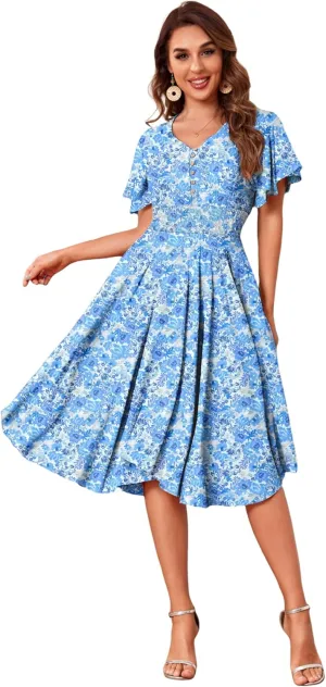 Woman's Floral V Neck Button Elastic Waist Dress with Pockets
