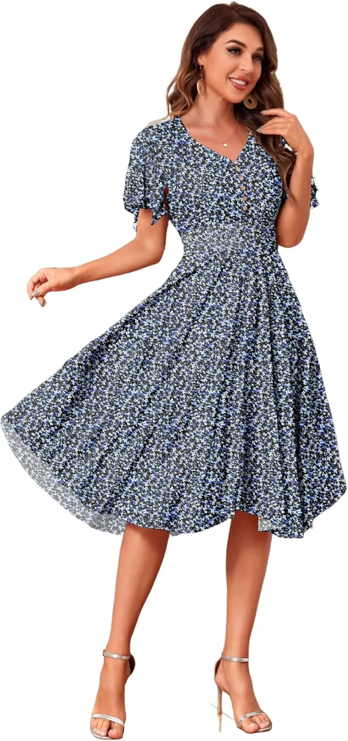 Woman's Floral V Neck Button Elastic Waist Dress with Pockets