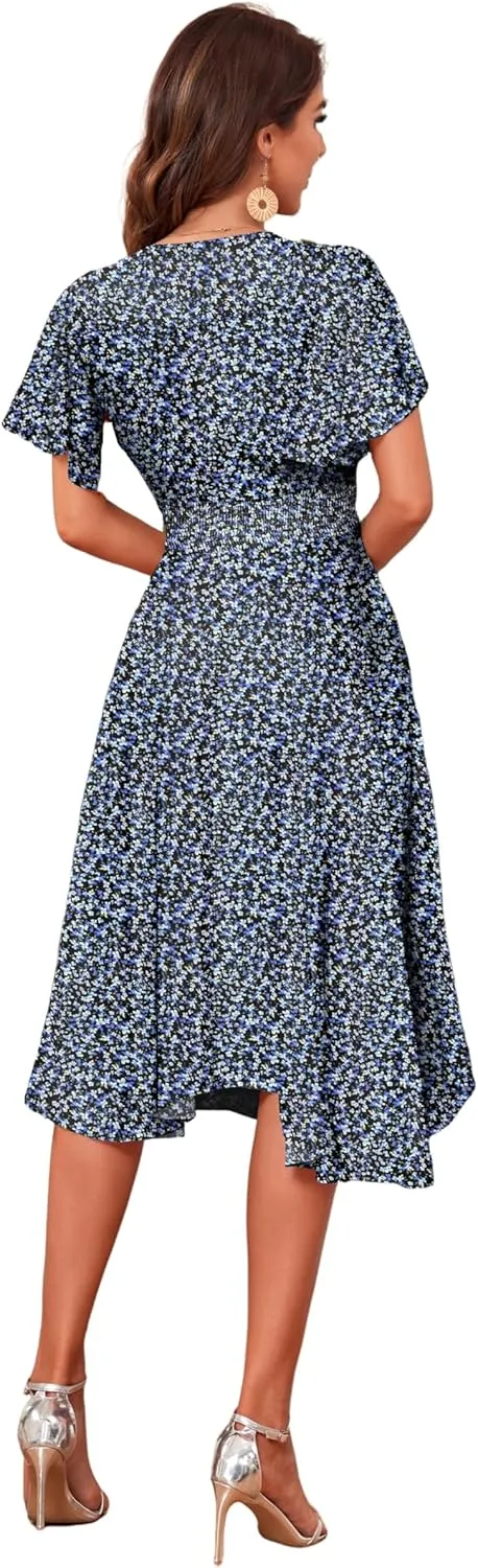Woman's Floral V Neck Button Elastic Waist Dress with Pockets
