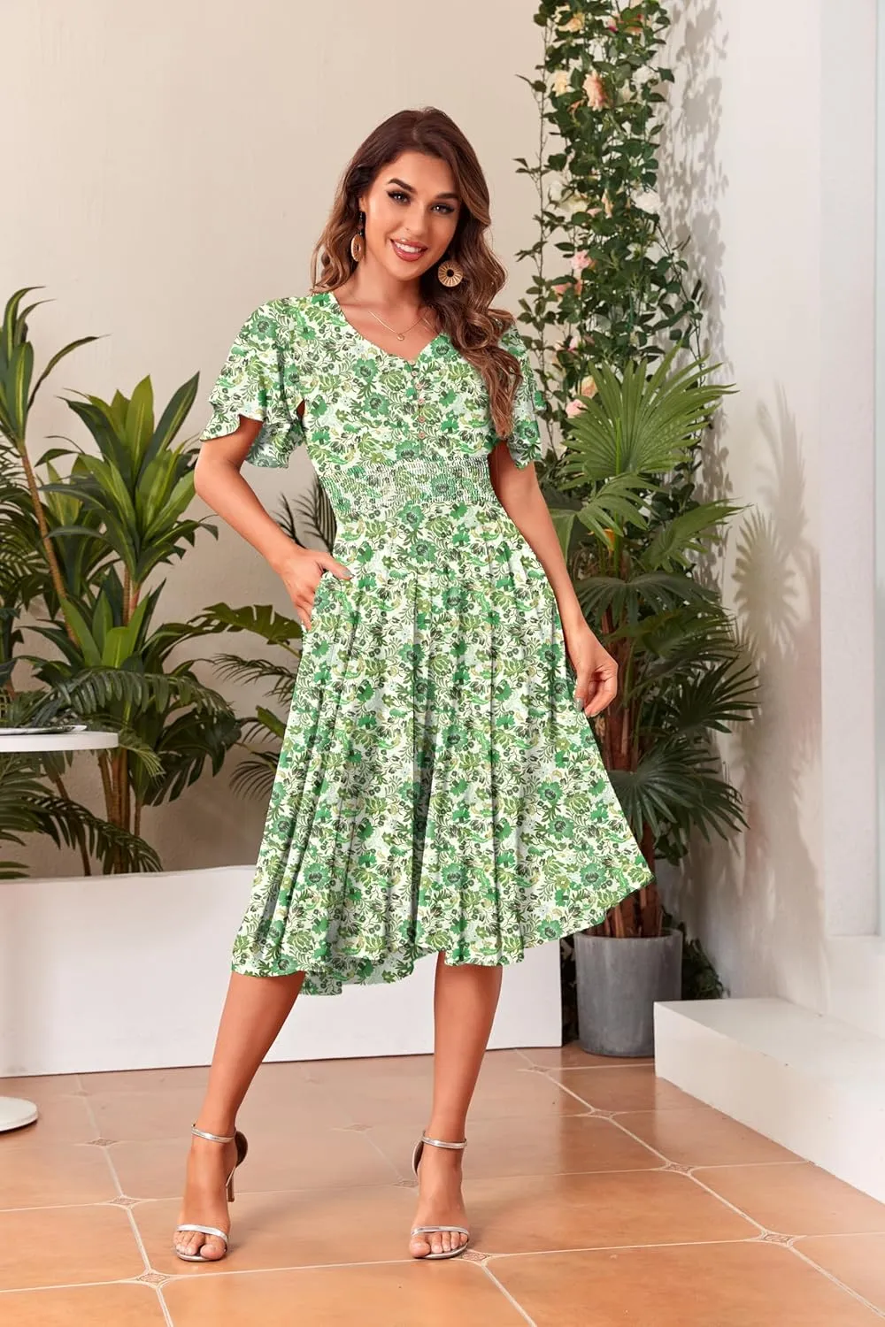 Woman's Floral V Neck Button Elastic Waist Dress with Pockets
