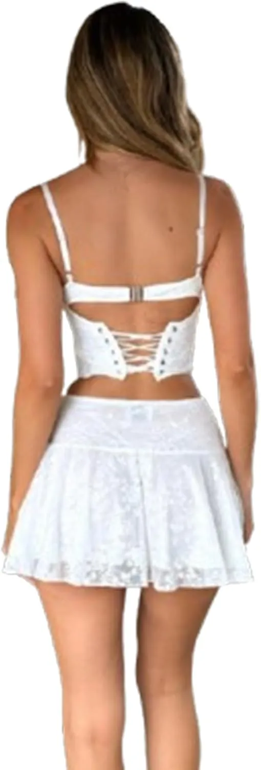 Women Aesthetic Lace Mini Skirt Low Rise Pleated Ruffle Layered Flowy Short Skirt Teen Girls Asymmetrical Half Slip Skirt