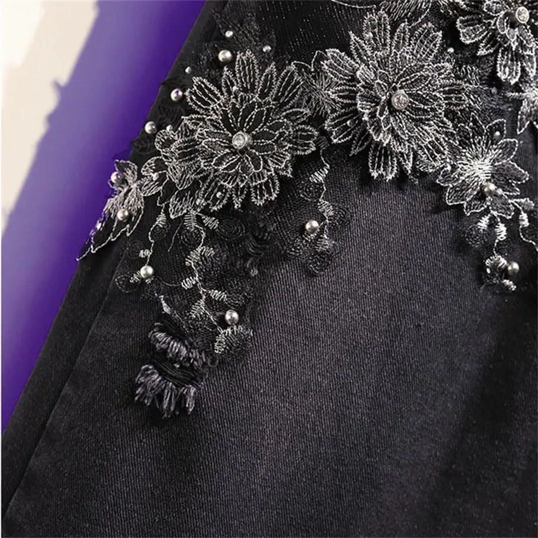 Women Beaded Floral Denim A-Line Skirt Office High Waist Mi-Long Skirts