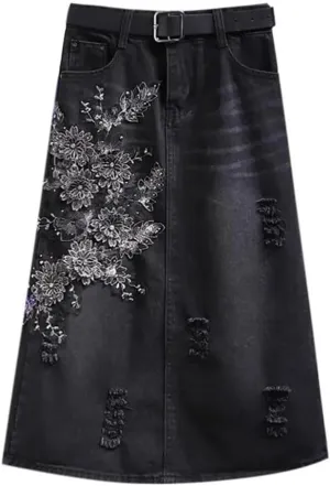 Women Beaded Floral Denim A-Line Skirt Office High Waist Mi-Long Skirts