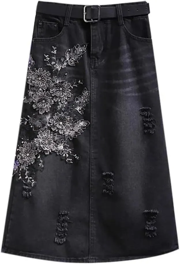 Women Beaded Floral Denim A-Line Skirt Office High Waist Mi-Long Skirts