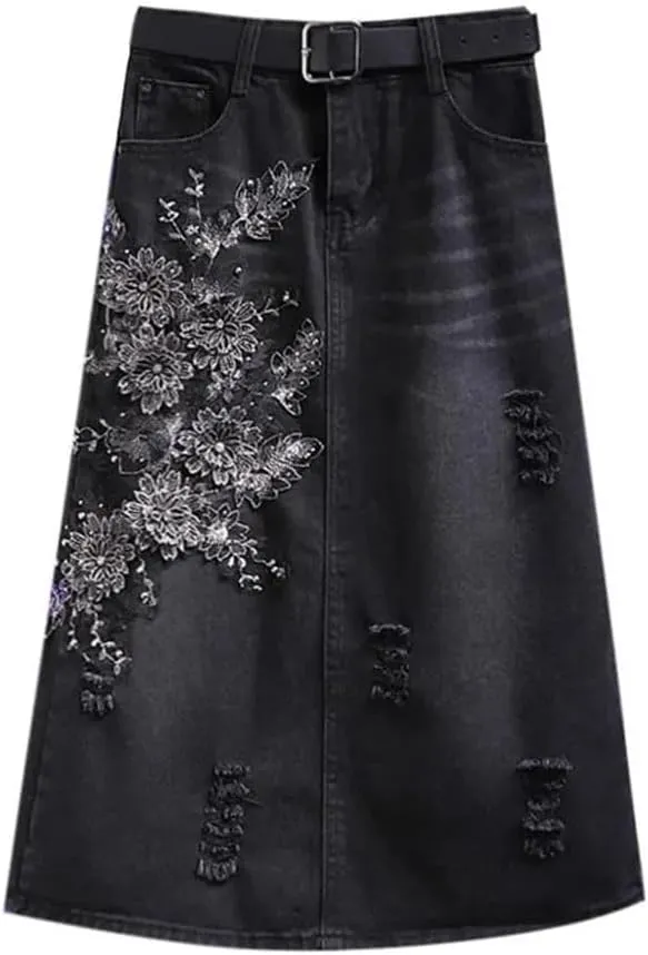 Women Beaded Floral Denim A-Line Skirt Office High Waist Mi-Long Skirts