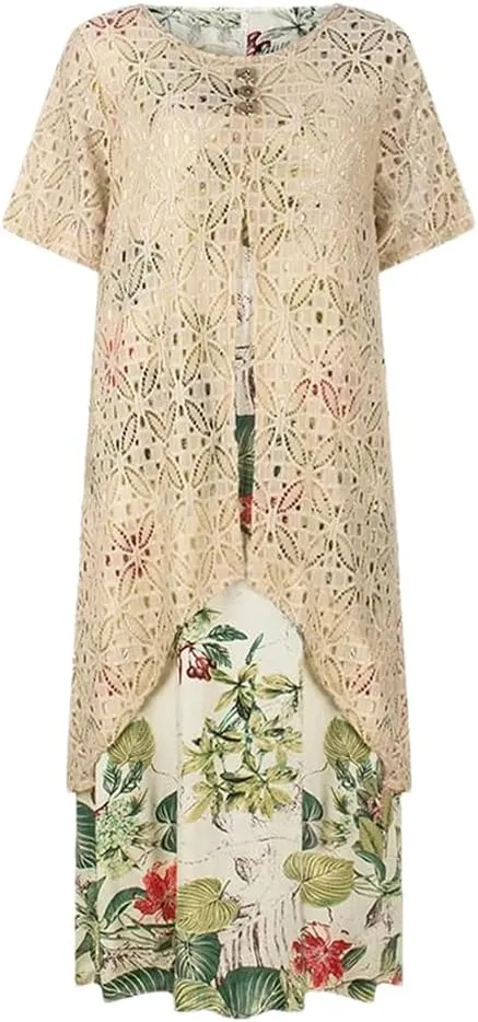 Women Boho Elegant Crochet Floral Dress Plus Size Women Clothing Summer Shift Dress
