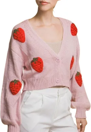 Women Button Down Sweater V Neck Cable Knit Crop Cardigan Y2K Kawaii Strawberry Embroidery Cardigan Sweater