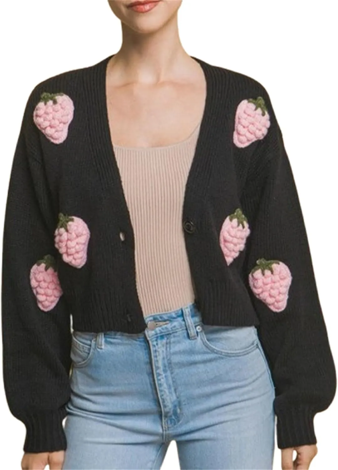 Women Button Down Sweater V Neck Cable Knit Crop Cardigan Y2K Kawaii Strawberry Embroidery Cardigan Sweater
