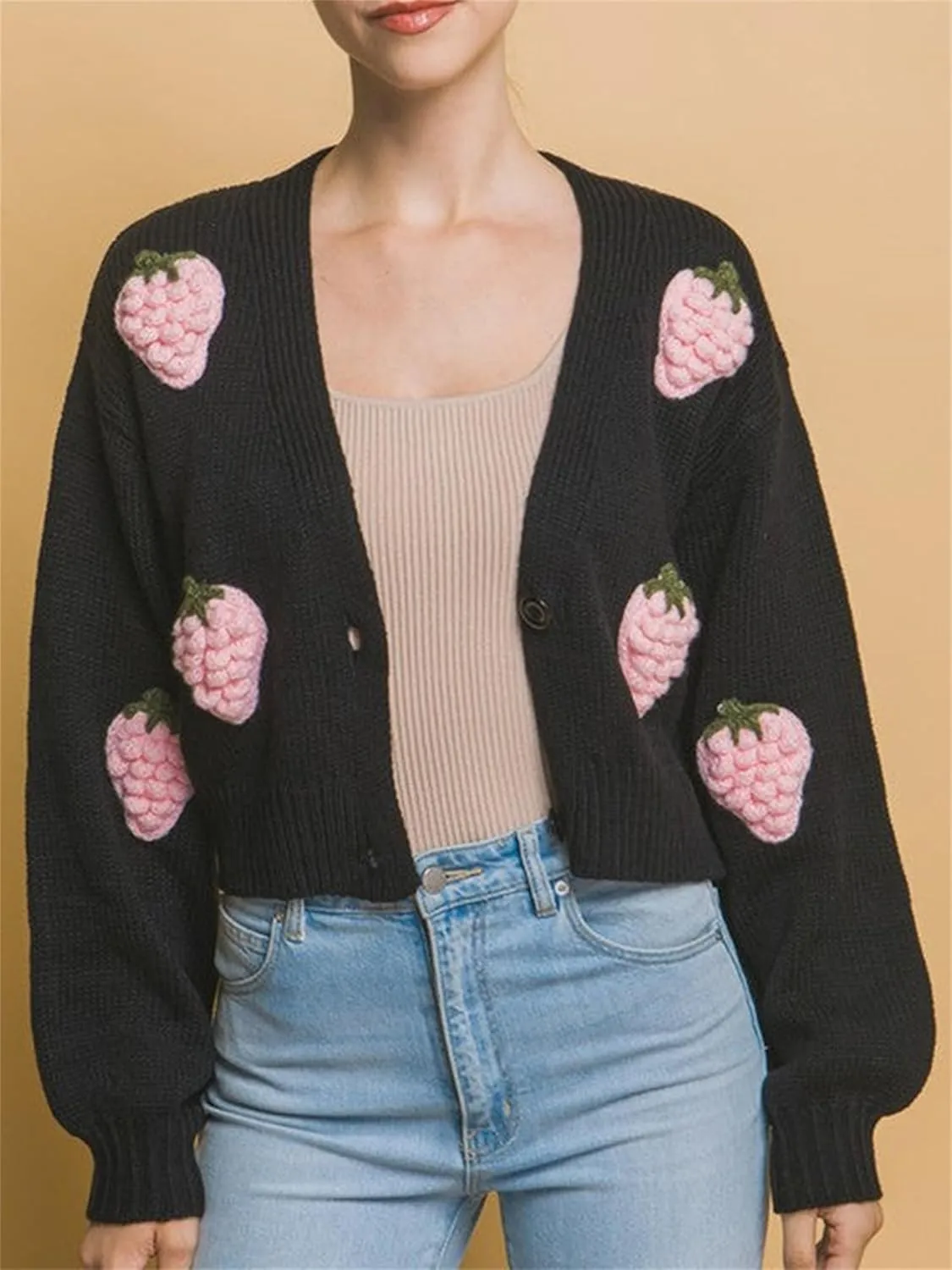 Women Button Down Sweater V Neck Cable Knit Crop Cardigan Y2K Kawaii Strawberry Embroidery Cardigan Sweater
