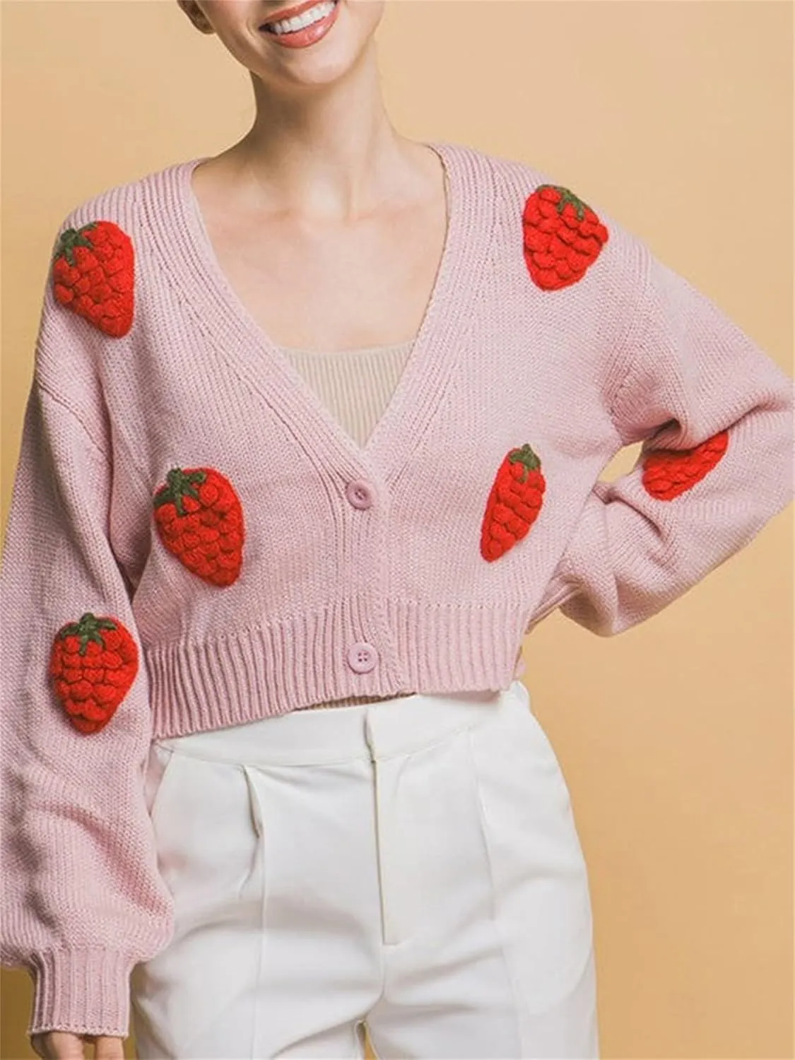 Women Button Down Sweater V Neck Cable Knit Crop Cardigan Y2K Kawaii Strawberry Embroidery Cardigan Sweater