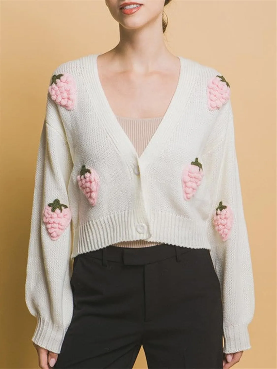 Women Button Down Sweater V Neck Cable Knit Crop Cardigan Y2K Kawaii Strawberry Embroidery Cardigan Sweater