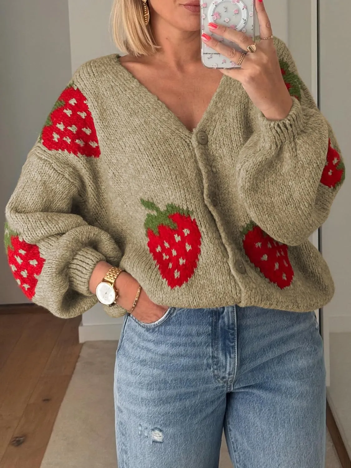 Women Button Down Sweater V Neck Cable Knit Crop Cardigan Y2K Kawaii Strawberry Embroidery Cardigan Sweater