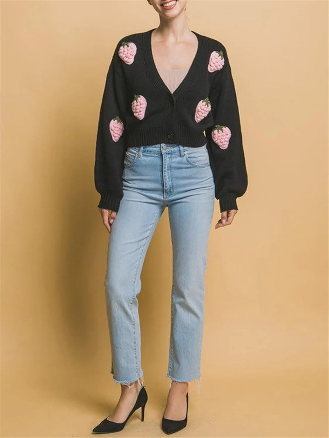 Women Button Down Sweater V Neck Cable Knit Crop Cardigan Y2K Kawaii Strawberry Embroidery Cardigan Sweater