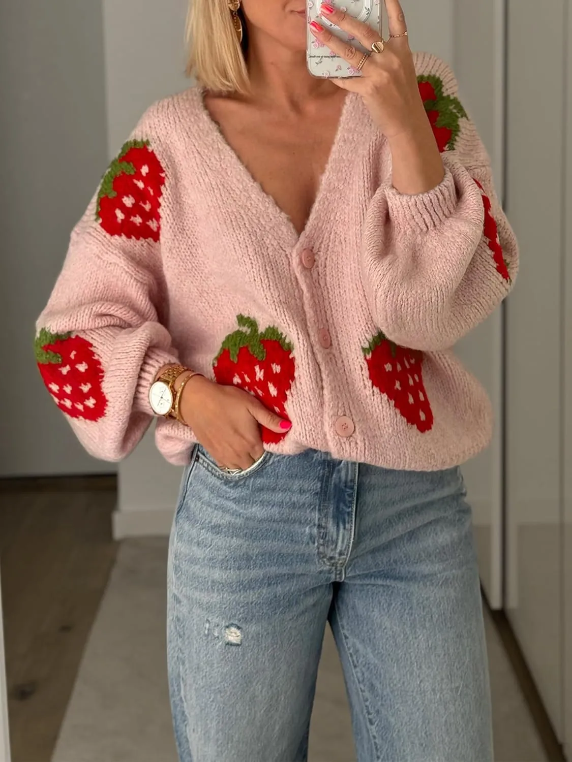 Women Button Down Sweater V Neck Cable Knit Crop Cardigan Y2K Kawaii Strawberry Embroidery Cardigan Sweater