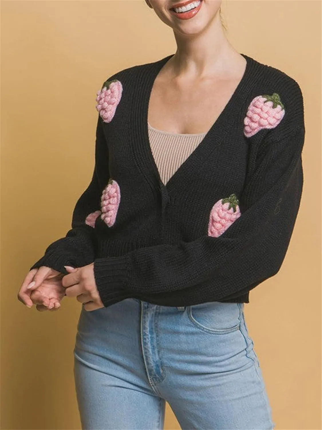 Women Button Down Sweater V Neck Cable Knit Crop Cardigan Y2K Kawaii Strawberry Embroidery Cardigan Sweater