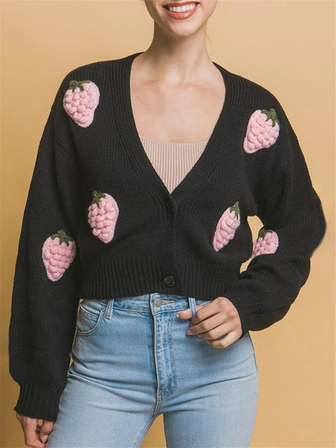 Women Button Down Sweater V Neck Cable Knit Crop Cardigan Y2K Kawaii Strawberry Embroidery Cardigan Sweater