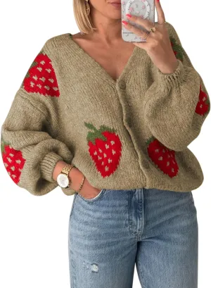 Women Button Down Sweater V Neck Cable Knit Crop Cardigan Y2K Kawaii Strawberry Embroidery Cardigan Sweater