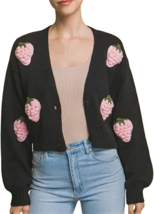 Women Button Down Sweater V Neck Cable Knit Crop Cardigan Y2K Kawaii Strawberry Embroidery Cardigan Sweater