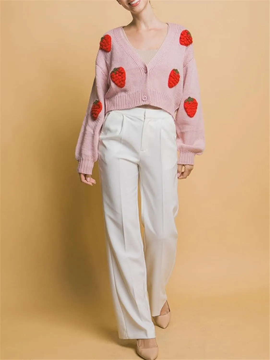 Women Button Down Sweater V Neck Cable Knit Crop Cardigan Y2K Kawaii Strawberry Embroidery Cardigan Sweater